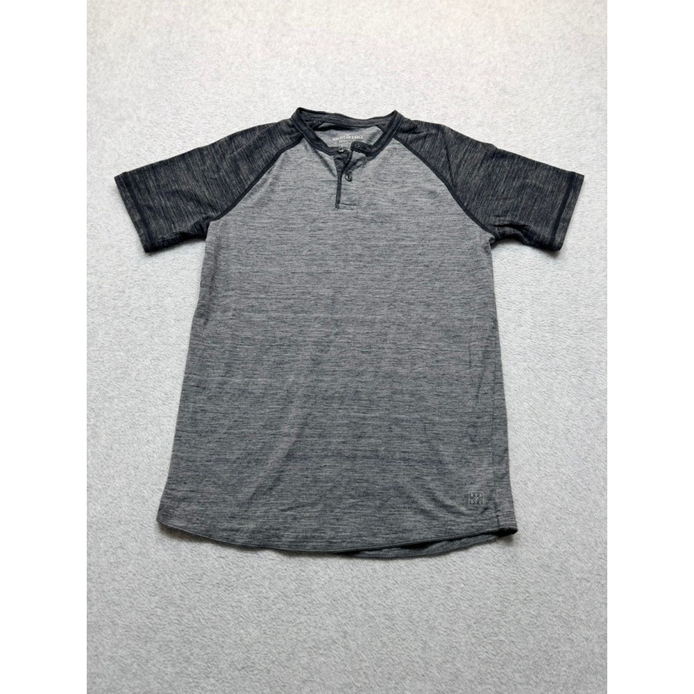American Eagle Mens Henley Shirt Gray Heathered Raglan Short Sleeve Size S
